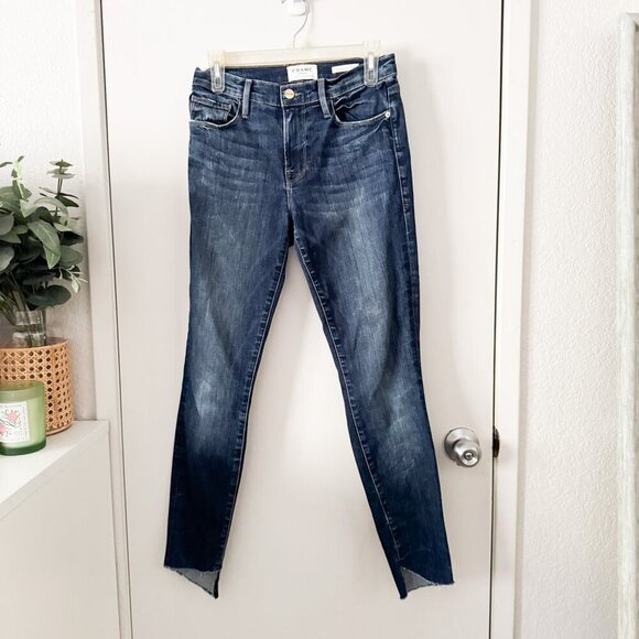 🦋 FRAME Le Skinny de Jeanne Jeans Cascade Hem Meyer Dark Wash 27 Raw Hem Casual - Picture 1 of 9